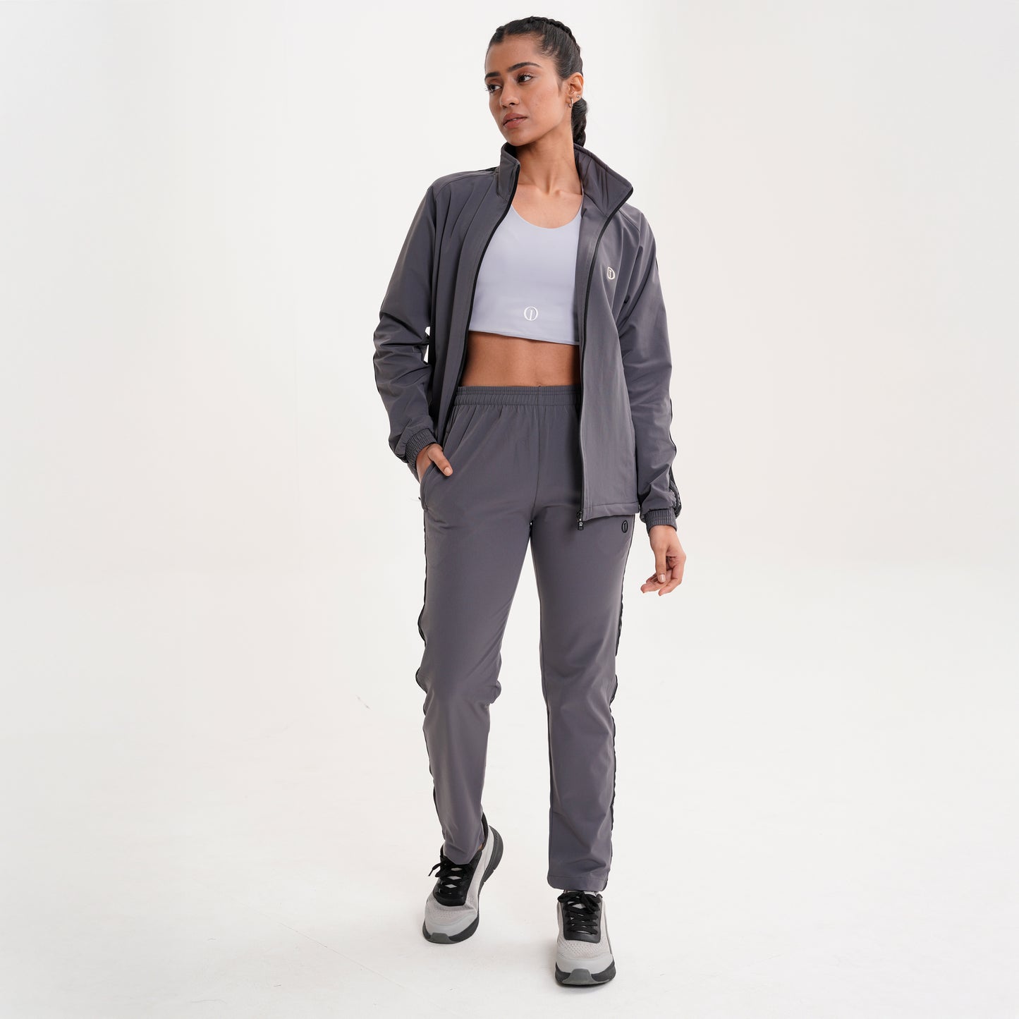 Grey Tracksuit with Purple Powder Sports Bra