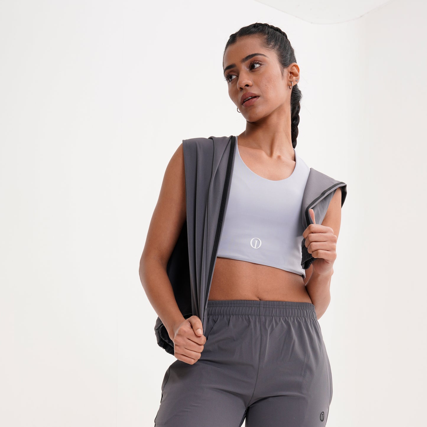 Grey Tracksuit with Purple Powder Sports Bra