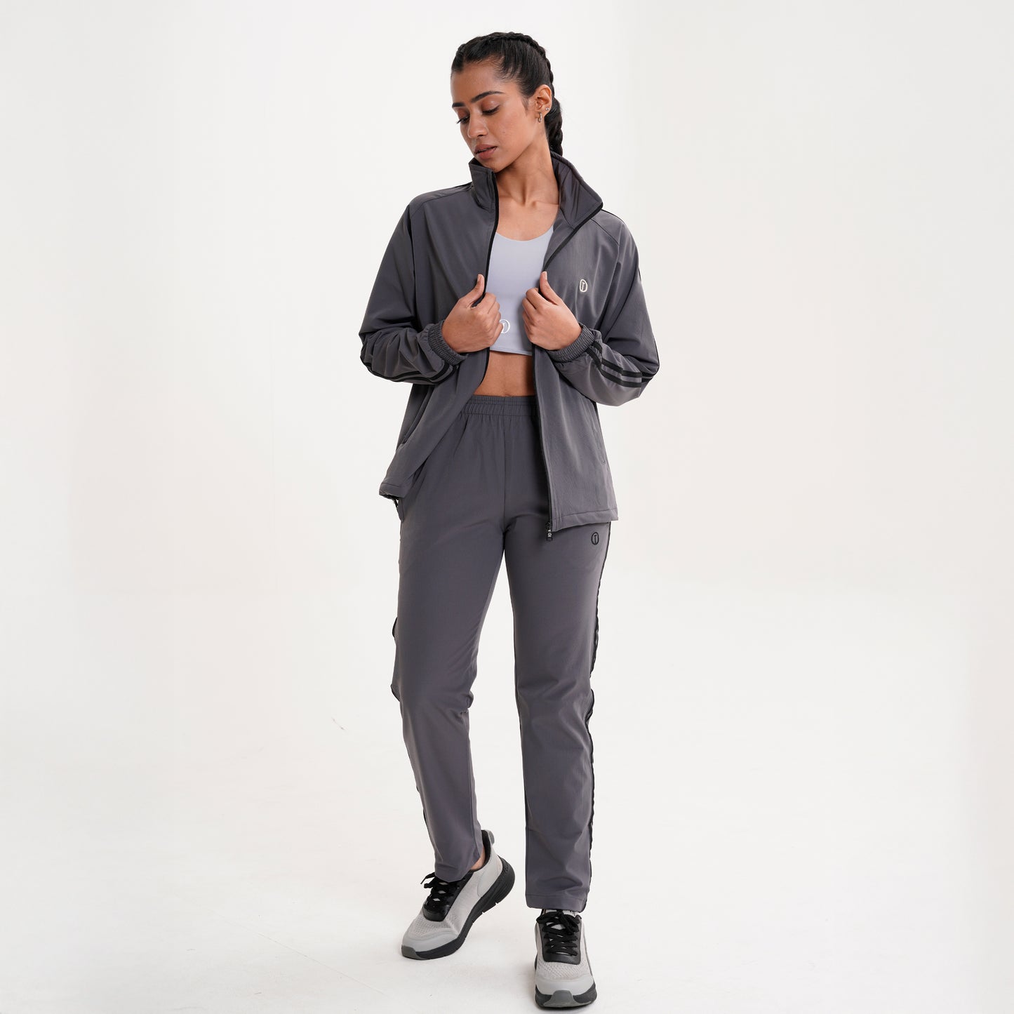 Grey Tracksuit with Purple Powder Sports Bra