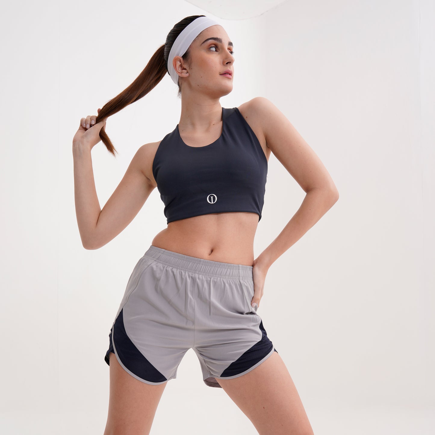 Navy Sports Bra with Grey Shorts
