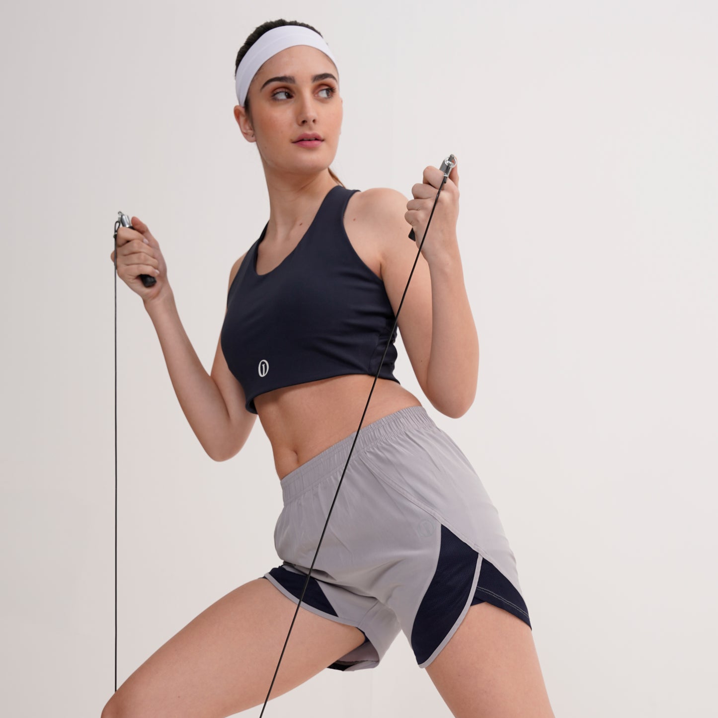 Navy Sports Bra with Grey Shorts