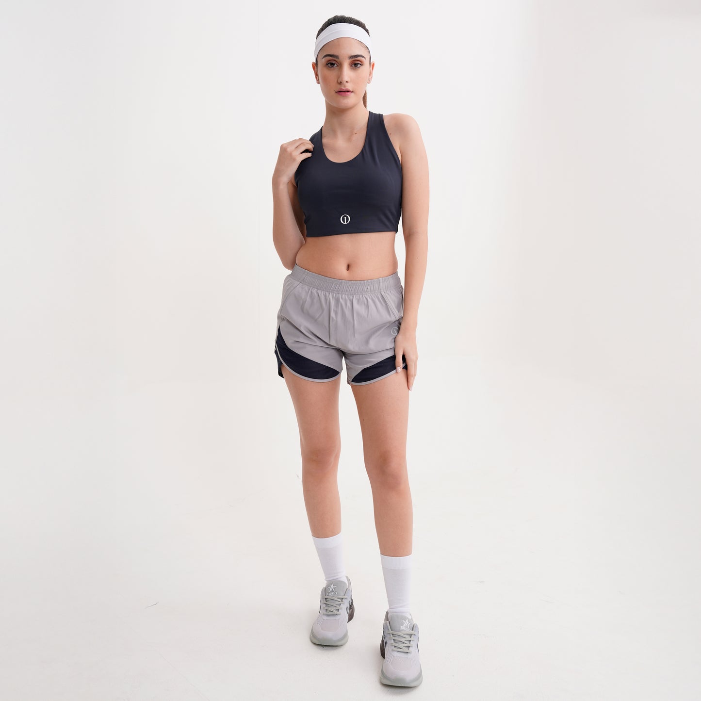 Navy Sports Bra with Grey Shorts