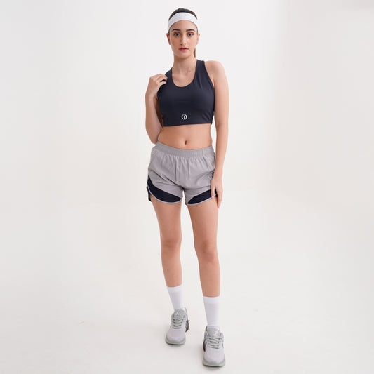 Navy Sports Bra with Grey Shorts
