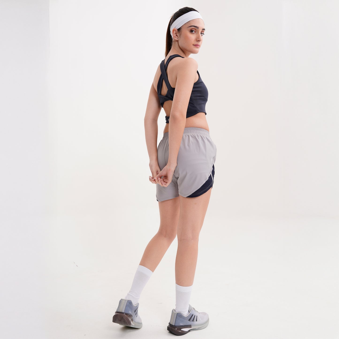 Navy Sports Bra with Grey Shorts